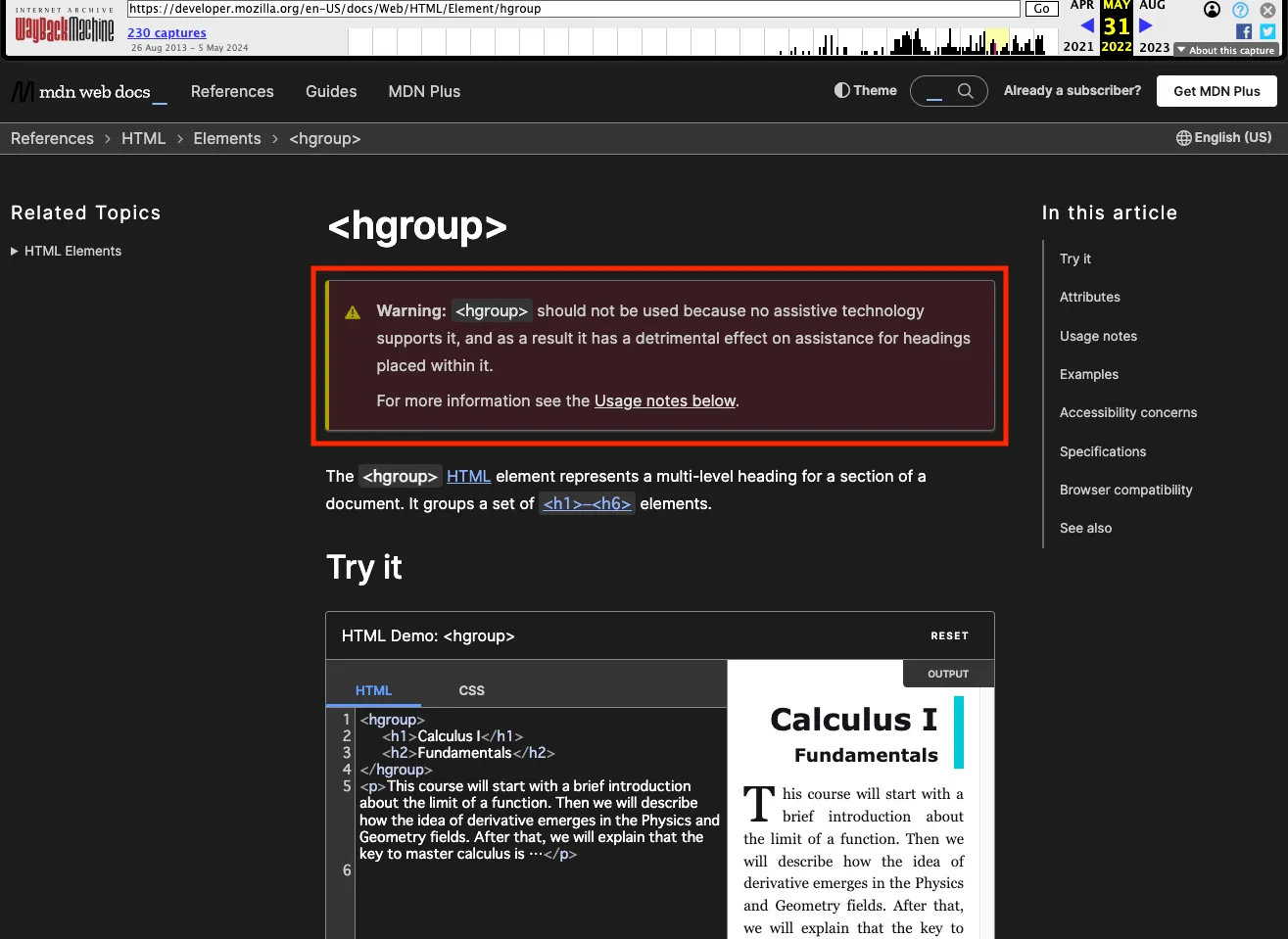 Wayback Machineで2022年5月のMDNのhgroup要素のドキュメントをスクリーンショットしたもの